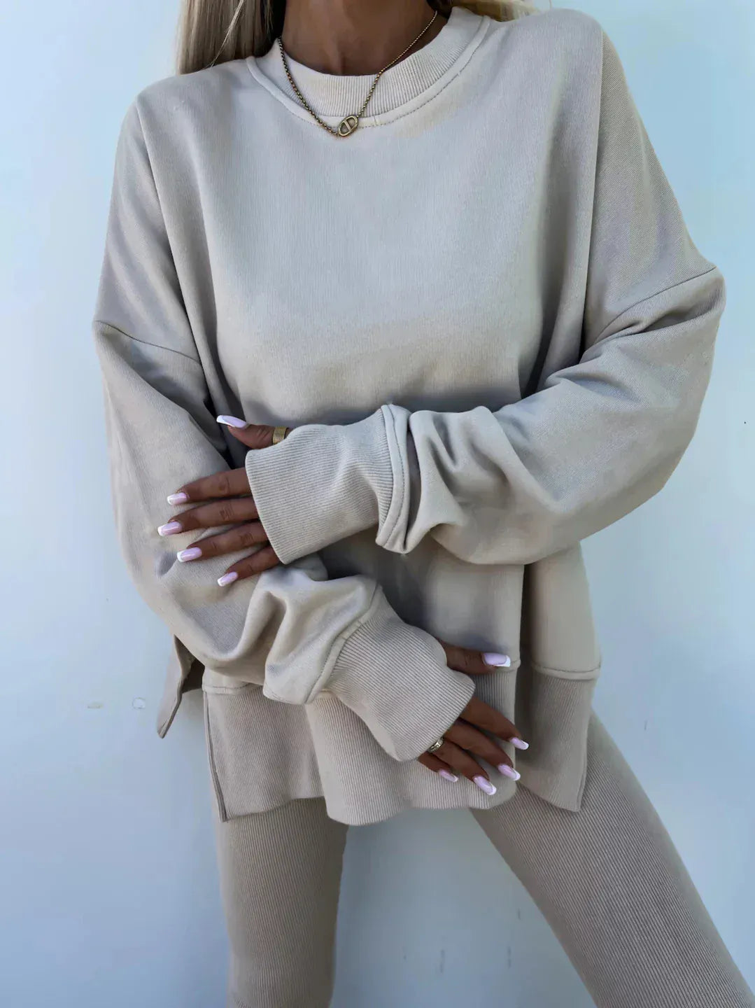 T-line Apricot / S solid color round neck loose pullover hoodie  suit,  yoga skinny pants und pullover,  legging,  Female two-piece set (2 weeks delivery)