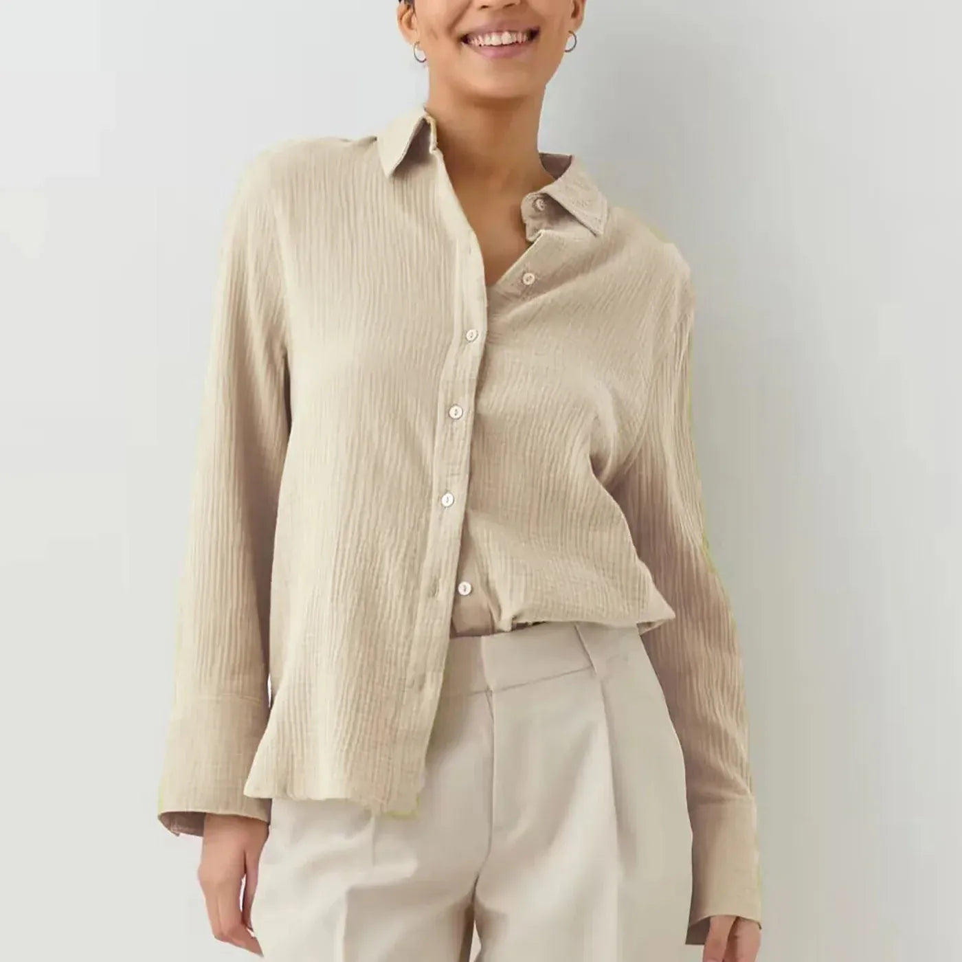 T-line Apricot / S Women's 100% Cotton Shirts, Solid color,  Long Sleeve, Loose Top,s Crepe Shirts, blouse (2 weeks delivery)