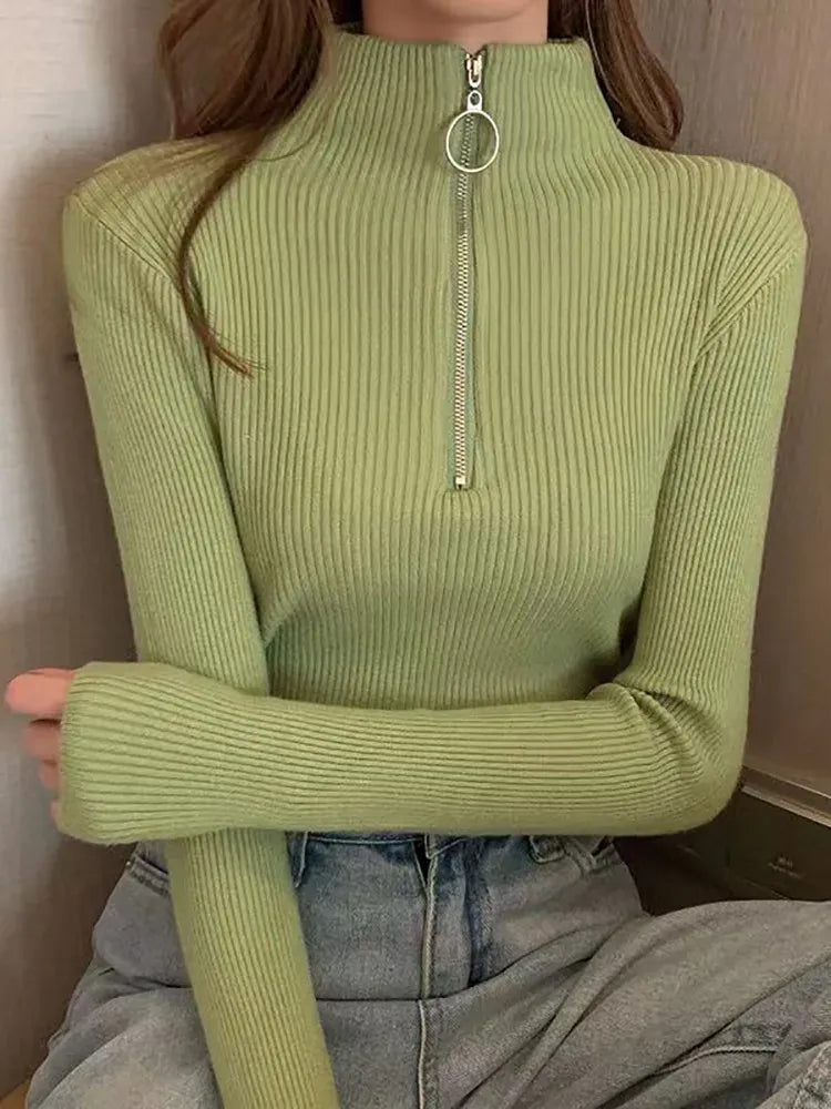 T-line Army Green / One Size Women Knitted Sweaters,  Long Sleeve , Zip-up,  Basic Female Pullovers  (2 weeks delivery)