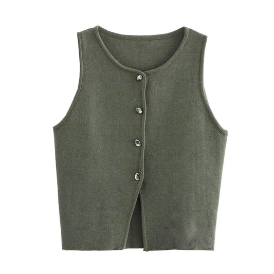 T-line Army Green / S Knit Sleeveless Vest Women, Sweater, Vest Top,  Button  (2 weeks delivery)