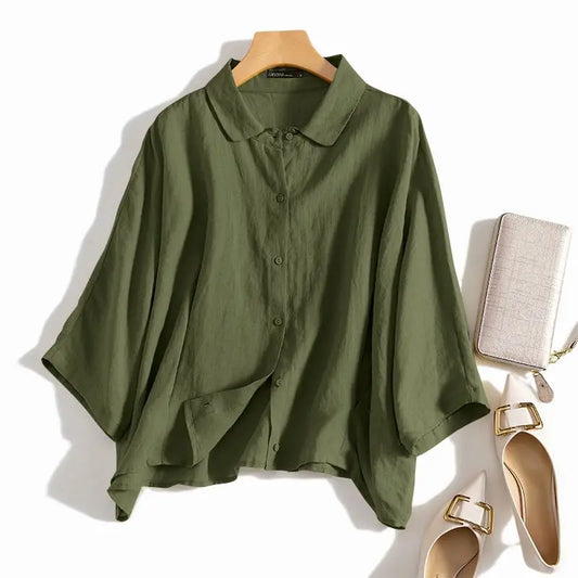 T-line Army Green / S Shirt Women, 3/4 Sleeve Blouse,  Buttons Down Tops ,Tunic Female Casual Loose Blusas (2 weeks delivery)