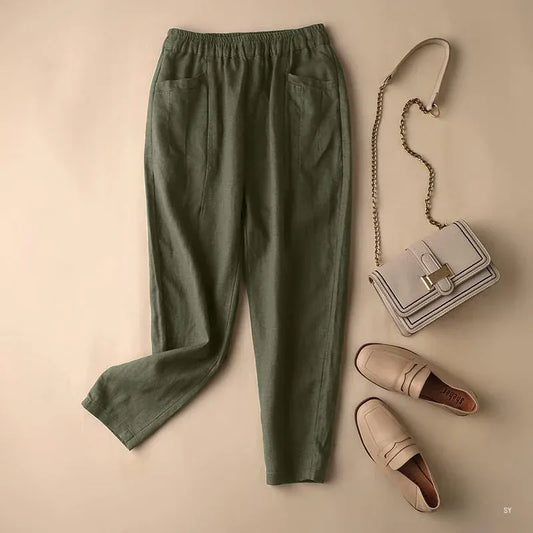 T-line Army Green / S Summer Trousers, Women Cotton Pants, Elastic Waist ,Solid color Pant, trouser (2 weeks delivery)