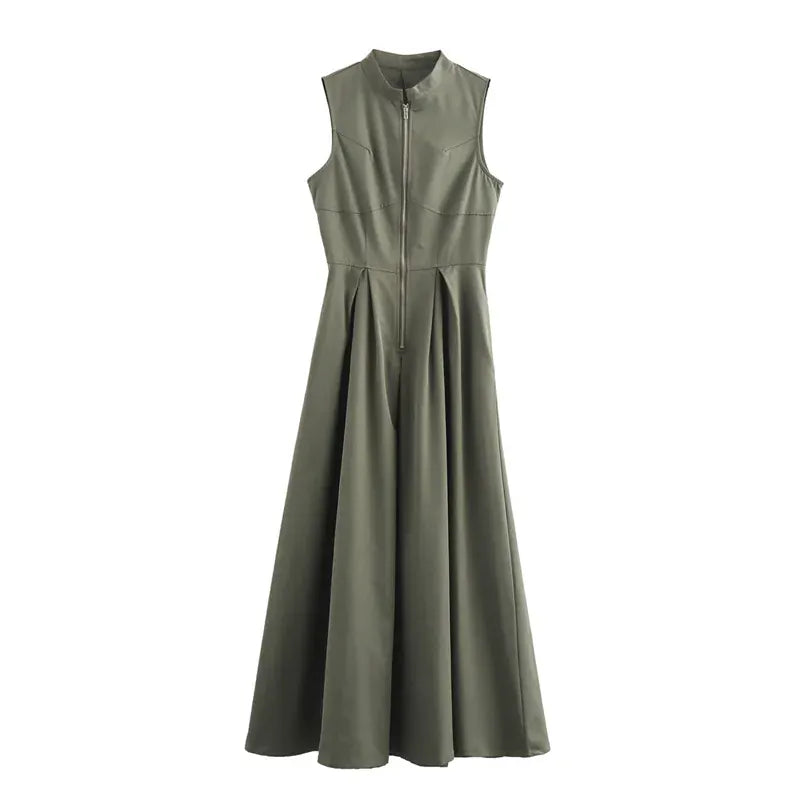 T-line Army Green / S Zipper Long Dress, Woman Sleeveless  Dress, Summer,Midi Dresses (2 weeks delivery)