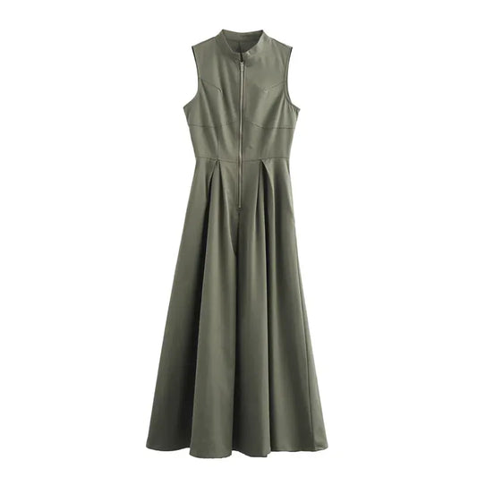 T-line Army Green / S Zipper Long Dress, Woman Sleeveless  Dress, Summer,Midi Dresses (2 weeks delivery)