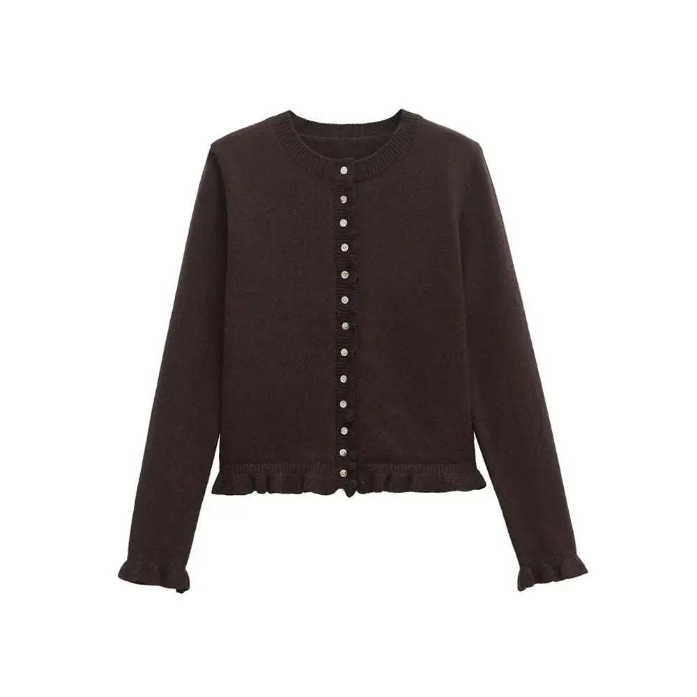 T-line as picture 3 / S Women's Ruffled Knit Cardigan Sweater O-Neck Long Sleeve Chic Top with Front Buttons Fashion Outerwear