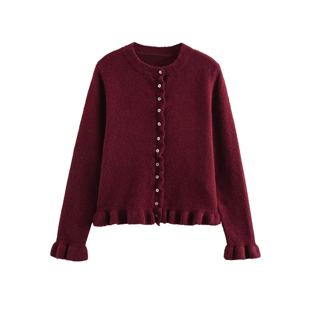 T-line as picture 4 / L Women's Ruffled Knit Cardigan Sweater O-Neck Long Sleeve Chic Top with Front Buttons Fashion Outerwear