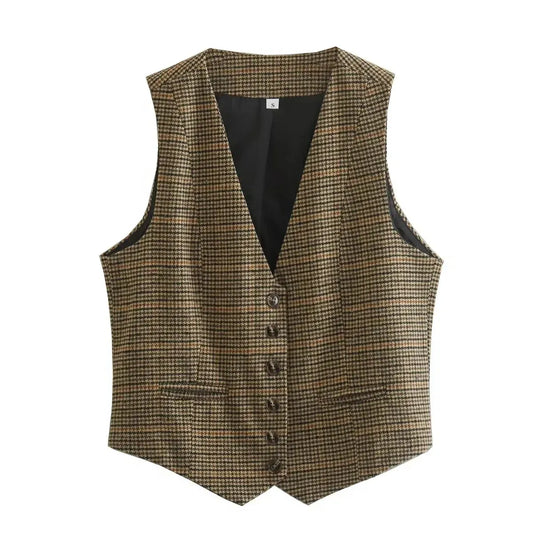 T-line as picture / S Women Blazer Sleeveless V Neck Buttons Jackets , plaid vest,  (2 weeks delivery)