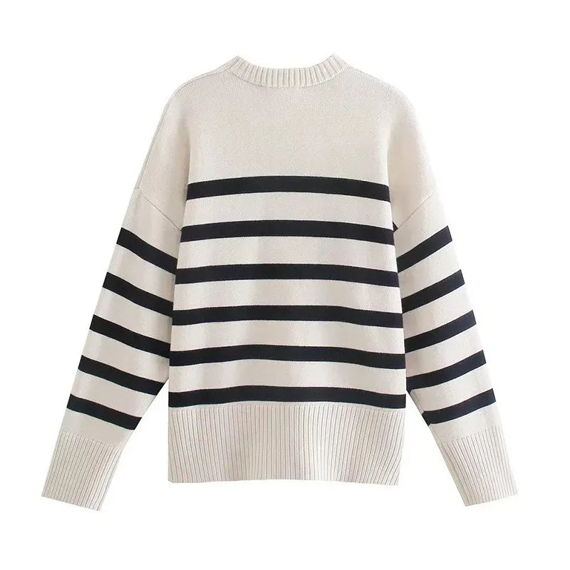 T-line Autumn / Winter Striped Knitted Loose Sweater Women Pullover Tops Long Sleeve O Neck Casual Streetwear  Sweater Female Clothing (2 weeks delivery)
