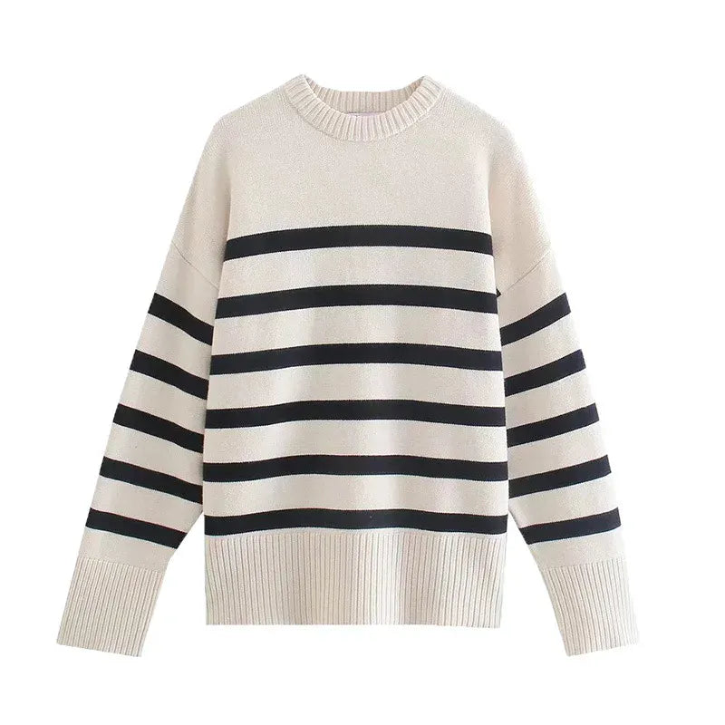 T-line Autumn / Winter Striped Knitted Loose Sweater Women Pullover Tops Long Sleeve O Neck Casual Streetwear  Sweater Female Clothing (2 weeks delivery)
