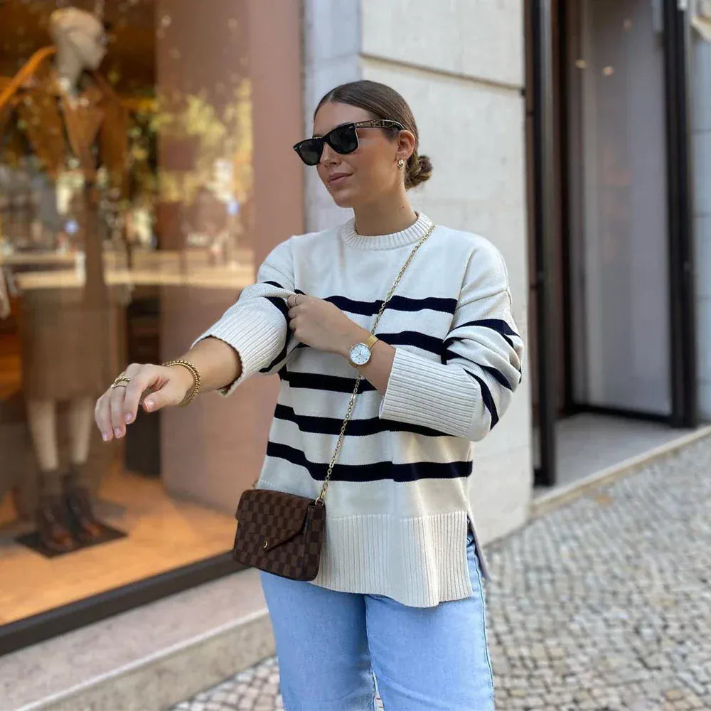 T-line Autumn / Winter Striped Knitted Loose Sweater Women Pullover Tops Long Sleeve O Neck Casual Streetwear  Sweater Female Clothing (2 weeks delivery)