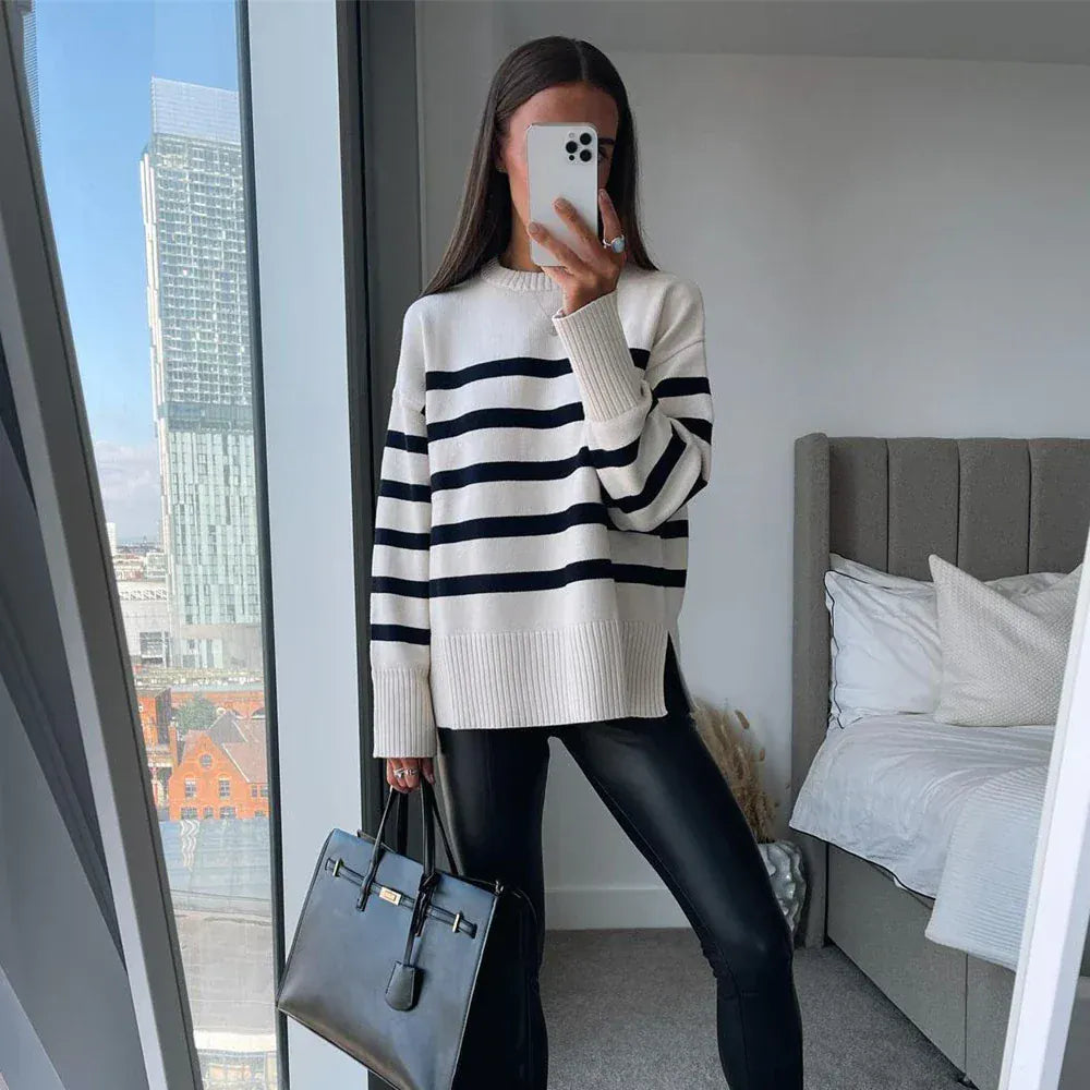 T-line Autumn / Winter Striped Knitted Loose Sweater Women Pullover Tops Long Sleeve O Neck Casual Streetwear  Sweater Female Clothing (2 weeks delivery)