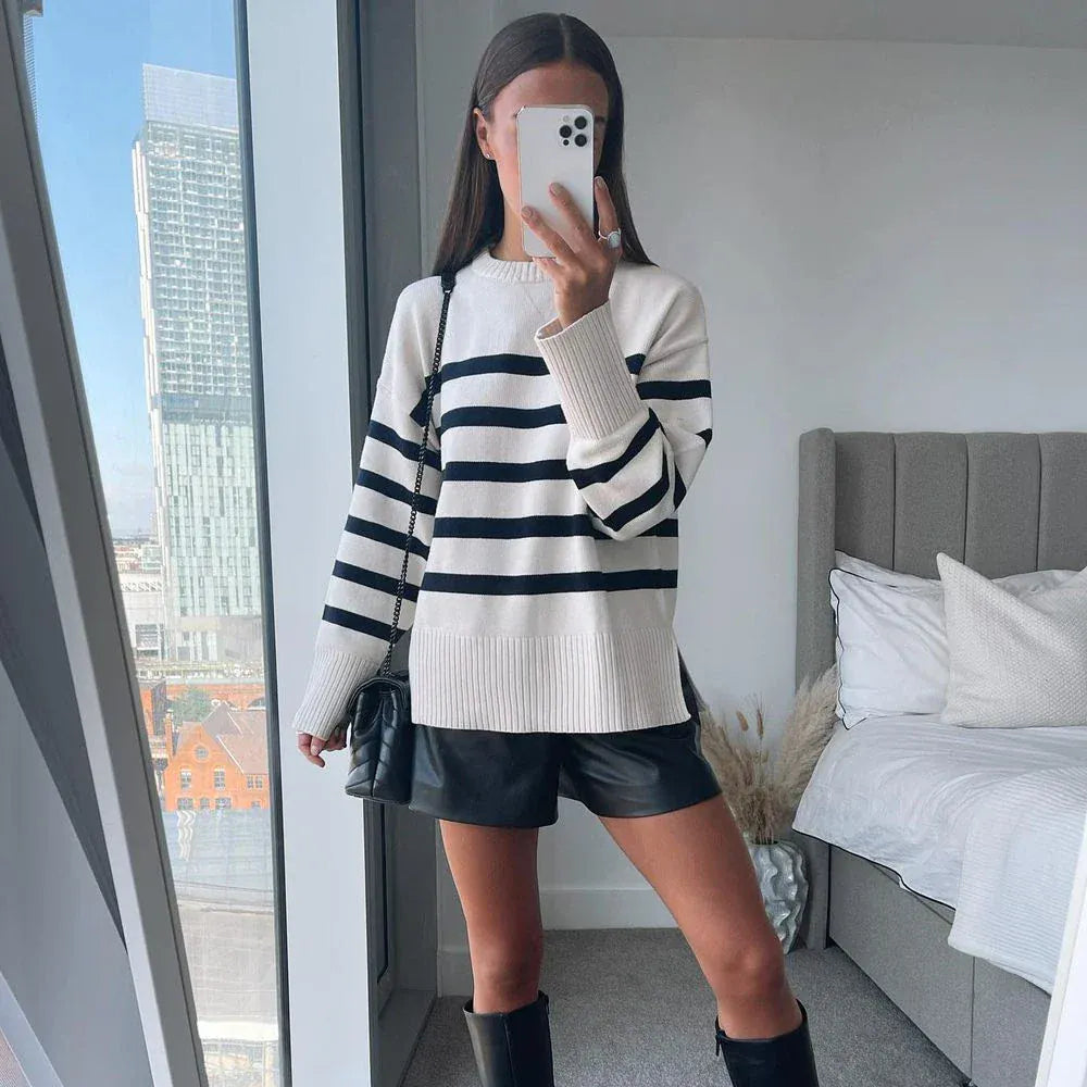 T-line Autumn / Winter Striped Knitted Loose Sweater Women Pullover Tops Long Sleeve O Neck Casual Streetwear  Sweater Female Clothing (2 weeks delivery)