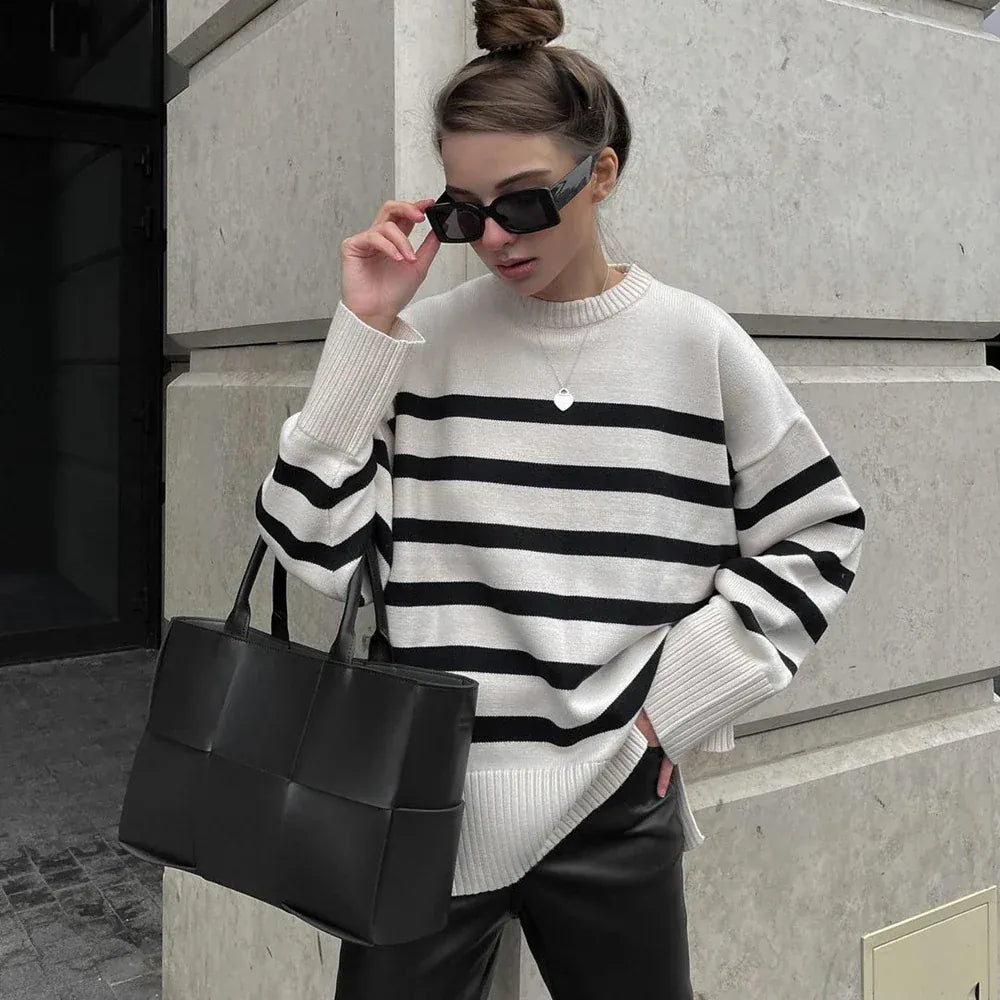 T-line Autumn / Winter Striped Knitted Loose Sweater Women Pullover Tops Long Sleeve O Neck Casual Streetwear  Sweater Female Clothing (2 weeks delivery)