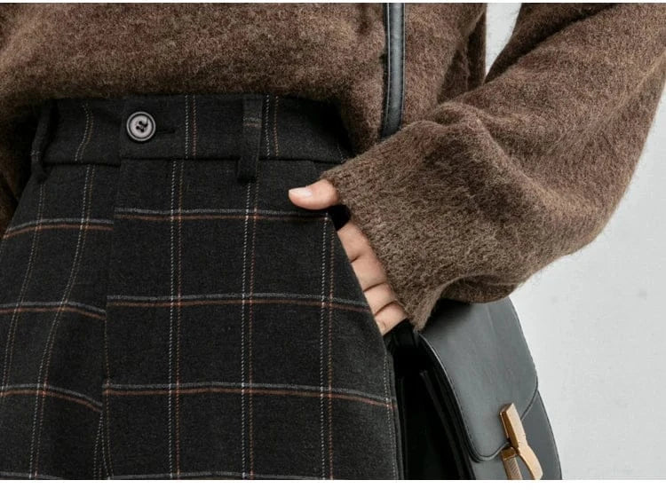 T-line Autumn / Winter Woolen Pants For Women, High Waist, Slim Plaid Pants, Thicken Warm, Women Trousers (2 weeks delivery)