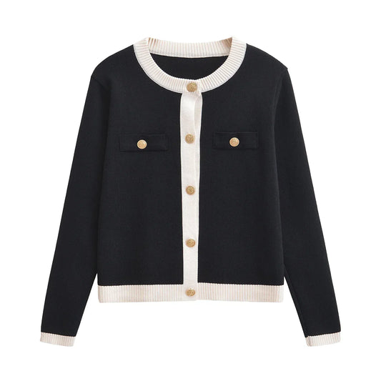 T-line Autumn Women's , Long Sleeve, Black and White Round Neck, Knitted Cardigan Sweater  (2 weeks delivery)