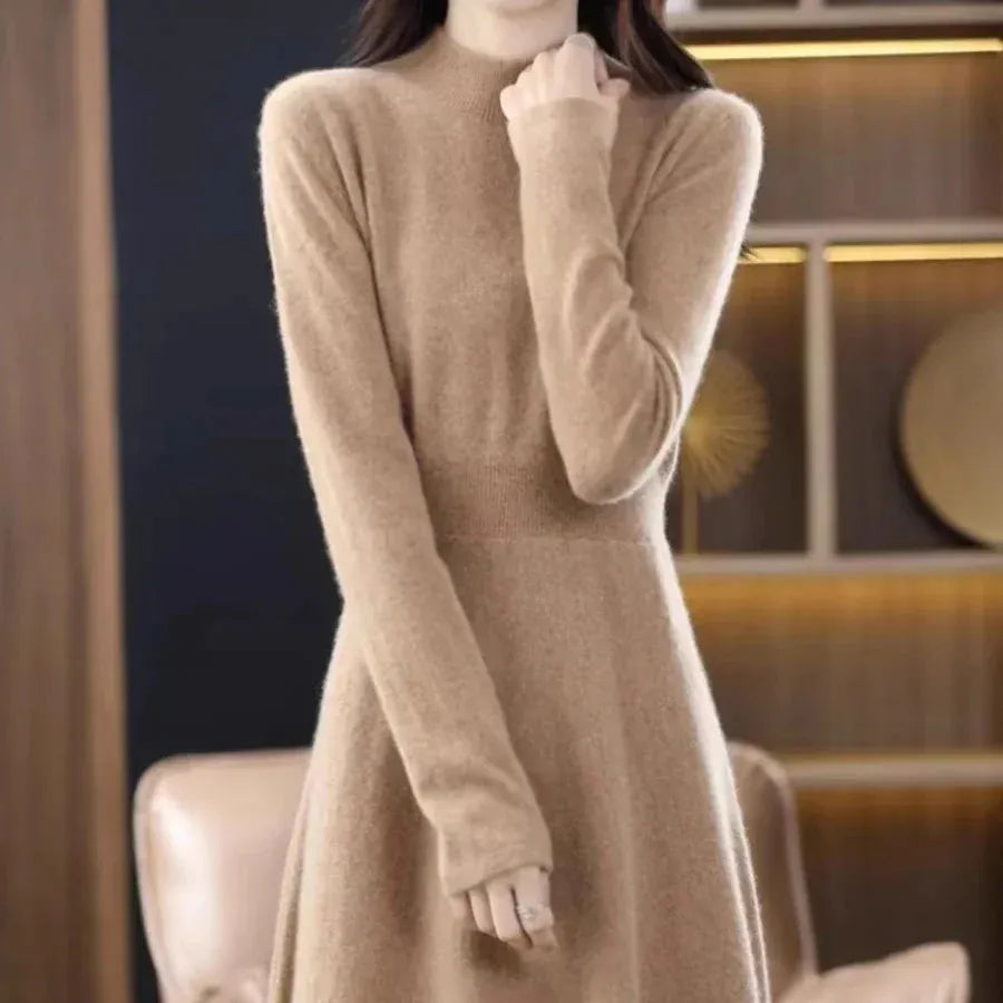 T-line Beige  Brown / S Thickened Slim Fit Dress, Mid-Length,  Sweater , Women, Wool, Autumn / Winter , Full Sleeve  (2 weeks delivery)
