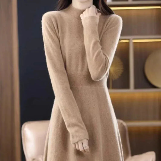T-line Beige  Brown / S Thickened Slim Fit Dress, Mid-Length,  Sweater , Women, Wool, Autumn / Winter , Full Sleeve  (2 weeks delivery)