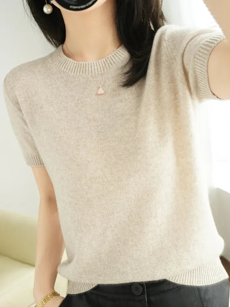 T-line Beige / M / CHINA Short-sleeved Knitwear Women O-neck T-shirt,  Wool, Cotton Pullover, Sweater, Solid, Soft (2 weeks delivery)