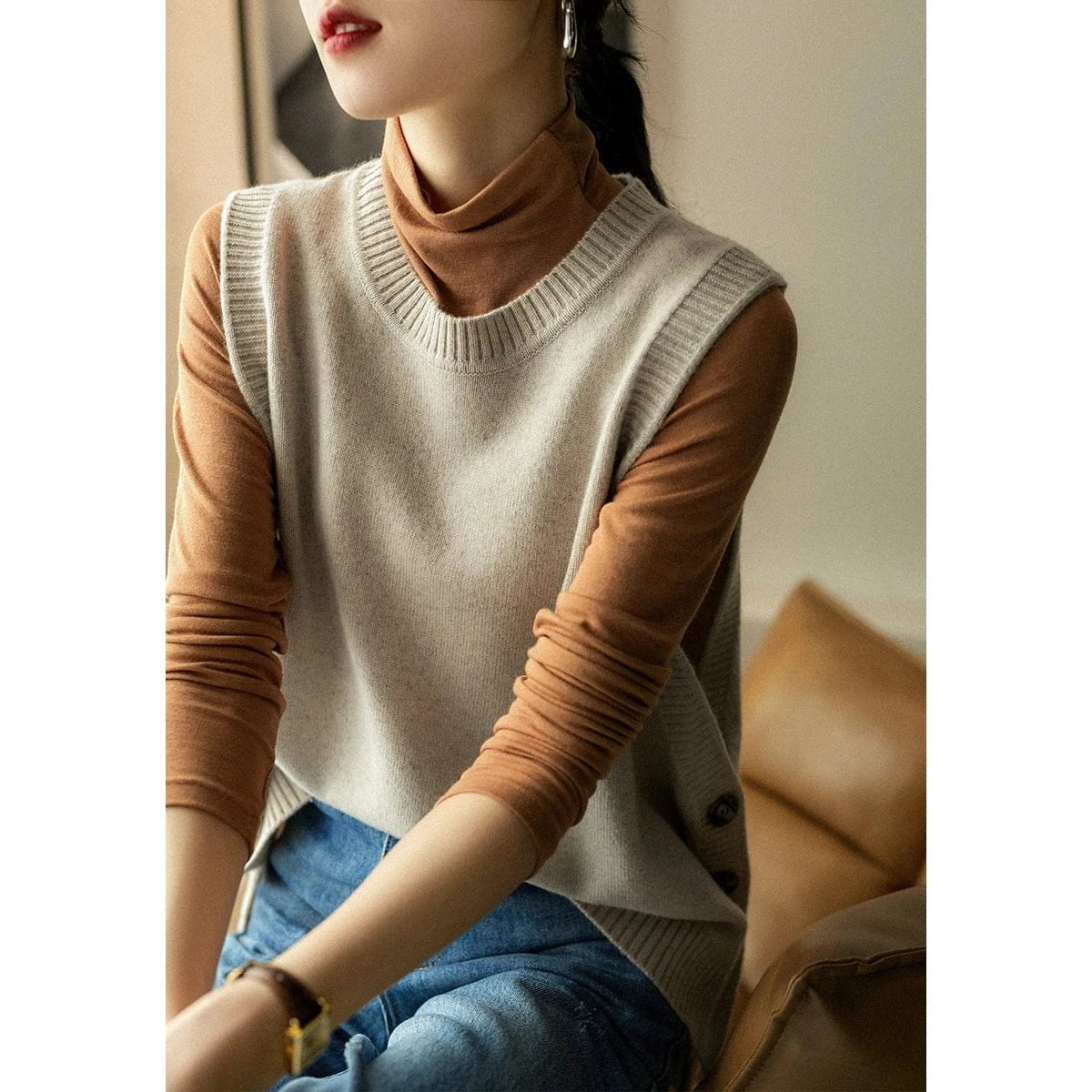 T-line Beige / One Size Autumn Winter Women Vest, Knitted, Sweater Sleeveless, Jumper Loose ,O-Neck (2 weeks delivery)