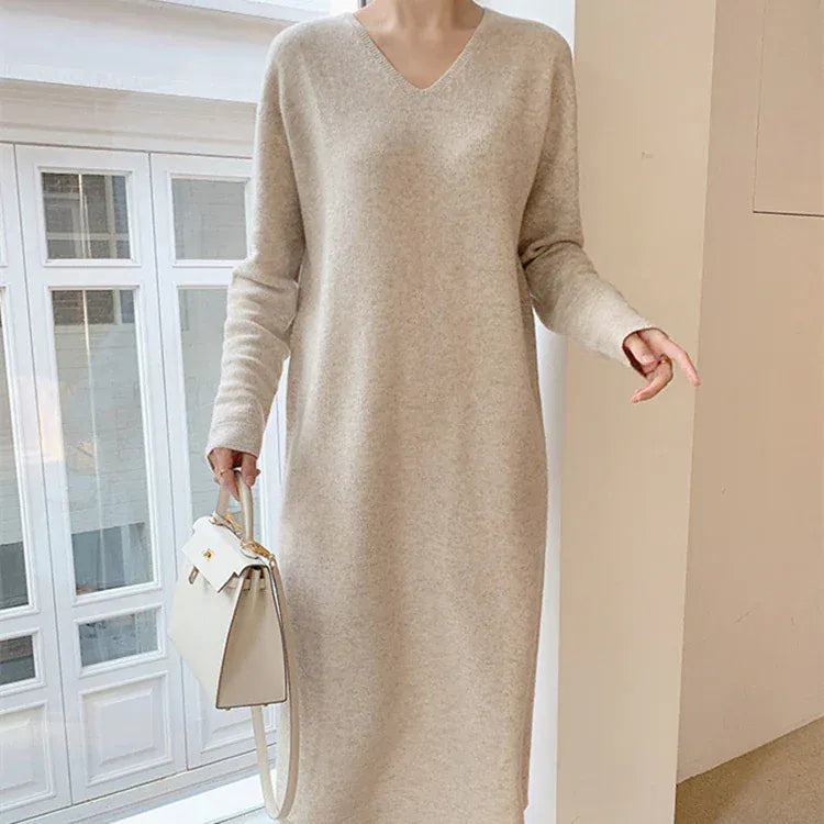 T-line Beige / One Size Long Sweater Dress Women, Autumn / Winter  V Neck, Knitted, Loose Women Maxi Cashmere Dress(2 weeks delivery)