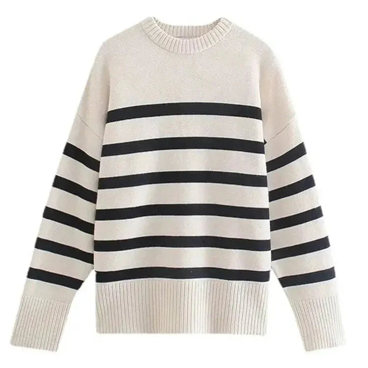 T-line Beige / S Autumn / Winter Striped Knitted Loose Sweater Women Pullover Tops Long Sleeve O Neck Casual Streetwear  Sweater Female Clothing (2 weeks delivery)