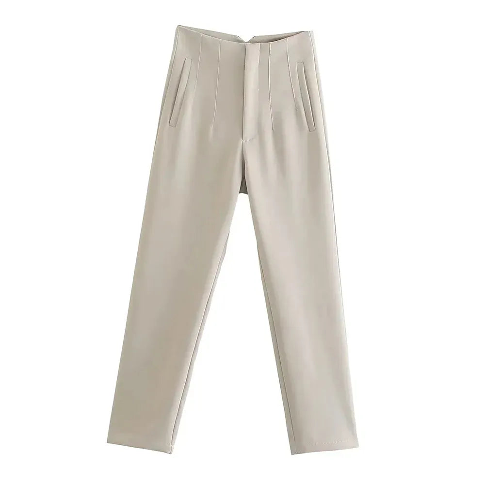 T-line Beige / S High Waist Solid Pants, for Women,  Trousers,  Pockets, Zipper  Pants trouser (2 weeks delivery)