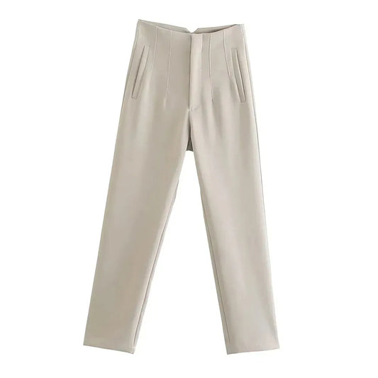 T-line Beige / S High Waist Solid Pants, for Women,  Trousers,  Pockets, Zipper  Pants trouser (2 weeks delivery)