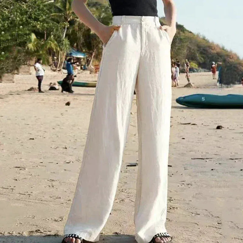 T-line Beige / S High Waist, White Wide Leg Pants, Summer  Cotton Linen Pants,   Straight Full Trousers Female (2 weeks delivery)