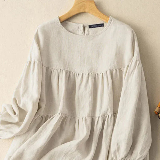 T-line Beige / S Long Sleeve Shirt, Woman Casual Cotton Blouse, Female O-Neck Solid color, Button  (2 weeks delivery)