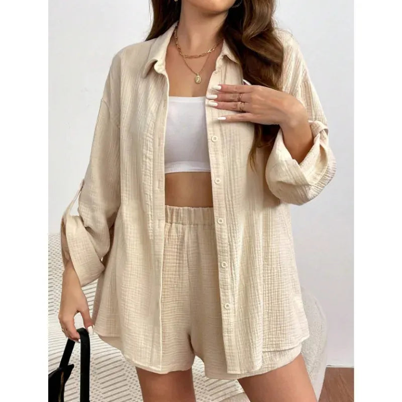 T-line Beige / S Loose Short Pants Sets For Women, Women's Two Pieces Suit, shirt (2 weeks delivery)