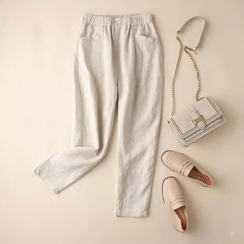 T-line Beige / S Summer Trousers, Women Cotton Pants, Elastic Waist ,Solid color Pant, trouser (2 weeks delivery)