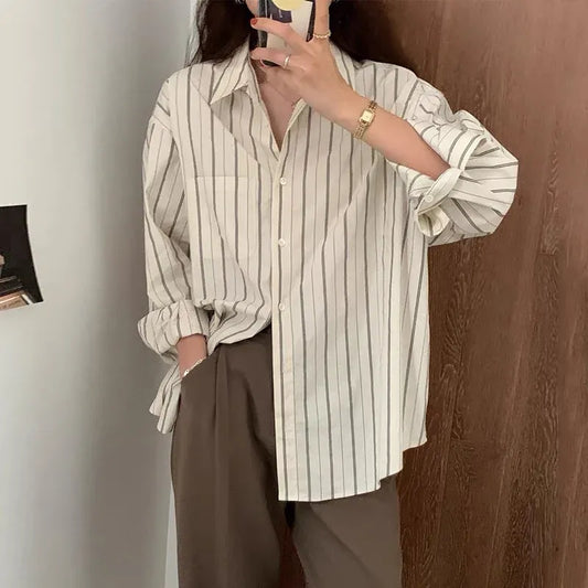 T-line Beige / S vertical striped shirt, long sleeve,  loose, blouse  (2 weeks delivery)