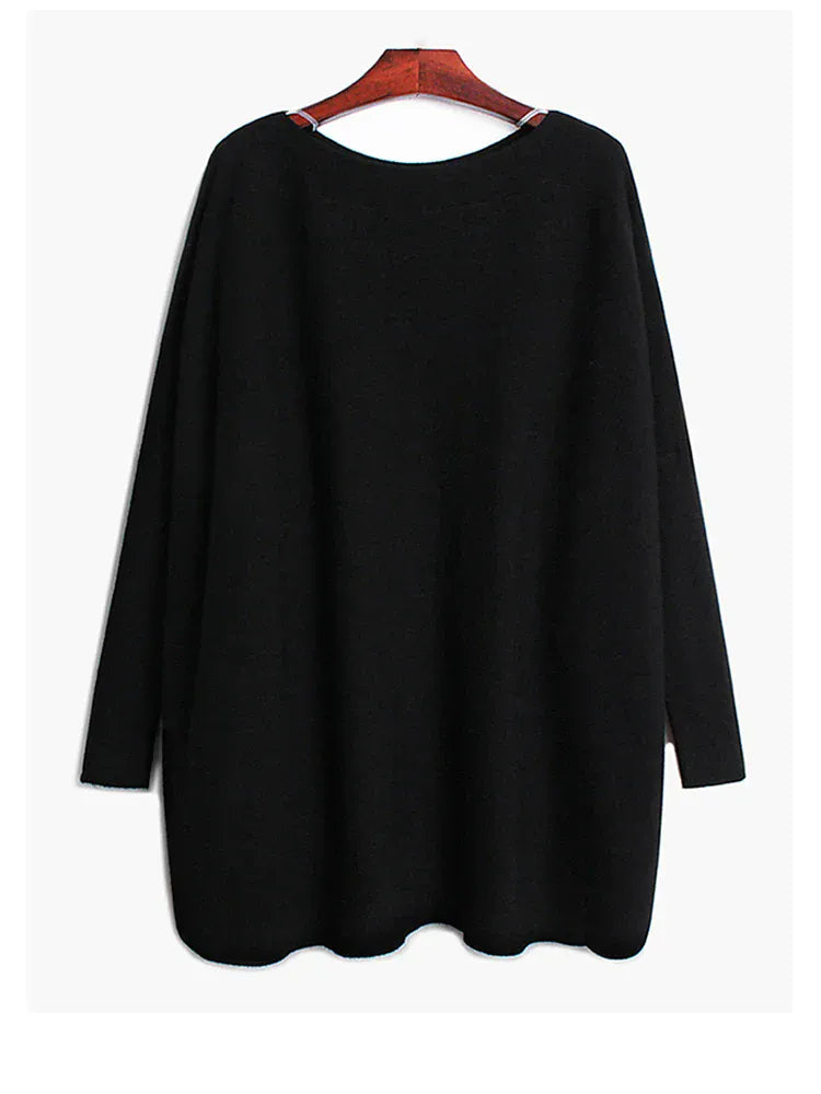 T-line Black b / One Size Big Size Knitting Sweater, Loose Fit, Long Sleeve, Women Pullovers, Spring / Autumn  (2 weeks delivery)