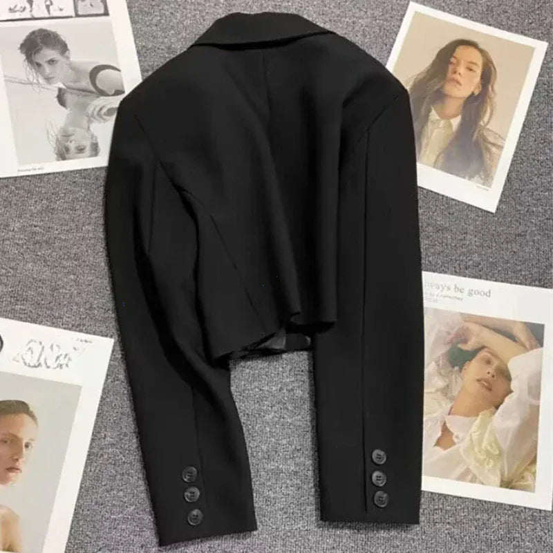 T-line Black Cropped Woman Blazers,  Collar Crop Jacket,  Single Button Suit  (2 weeks delivery)
