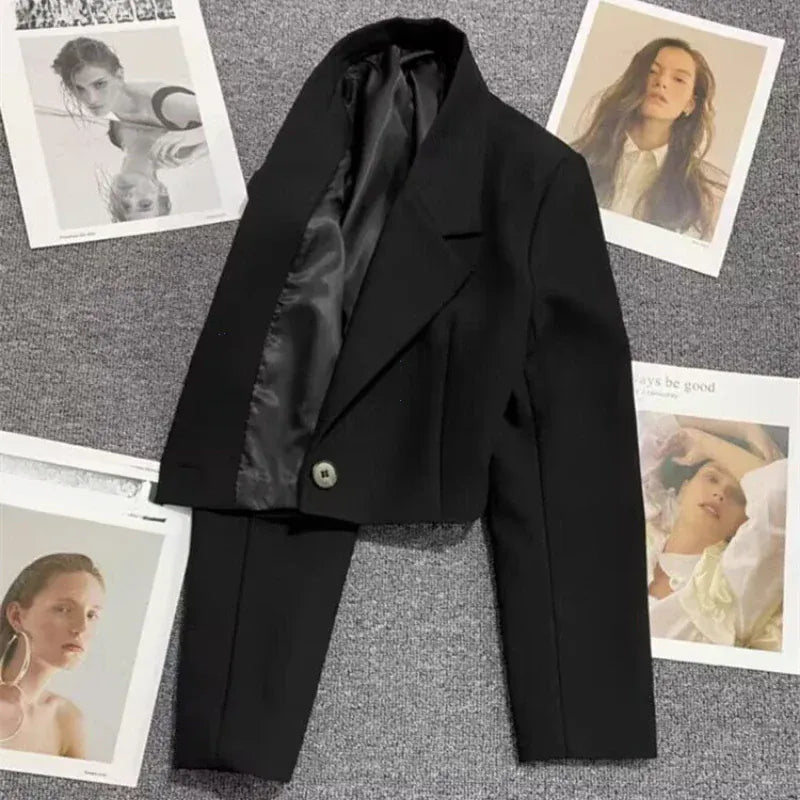 T-line Black Cropped Woman Blazers,  Collar Crop Jacket,  Single Button Suit  (2 weeks delivery)