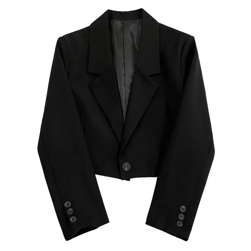 T-line Black Cropped Woman Blazers,  Collar Crop Jacket,  Single Button Suit  (2 weeks delivery)