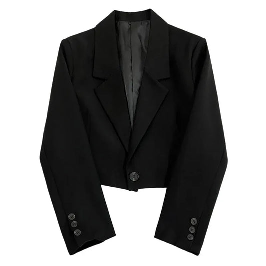 T-line Black Cropped Woman Blazers,  Collar Crop Jacket,  Single Button Suit  (2 weeks delivery)