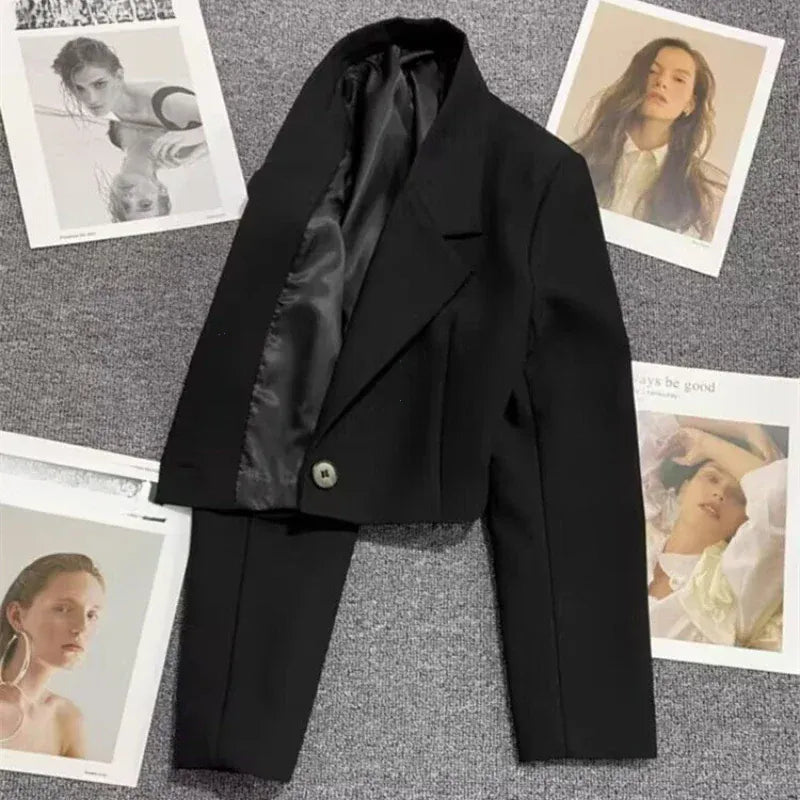 T-line Black Cropped Woman Blazers,  Collar Crop Jacket,  Single Button Suit  (2 weeks delivery)