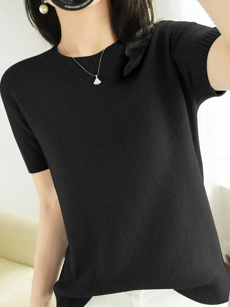T-line Black / M / CHINA Short-sleeved Knitwear Women O-neck T-shirt,  Wool, Cotton Pullover, Sweater, Solid, Soft (2 weeks delivery)