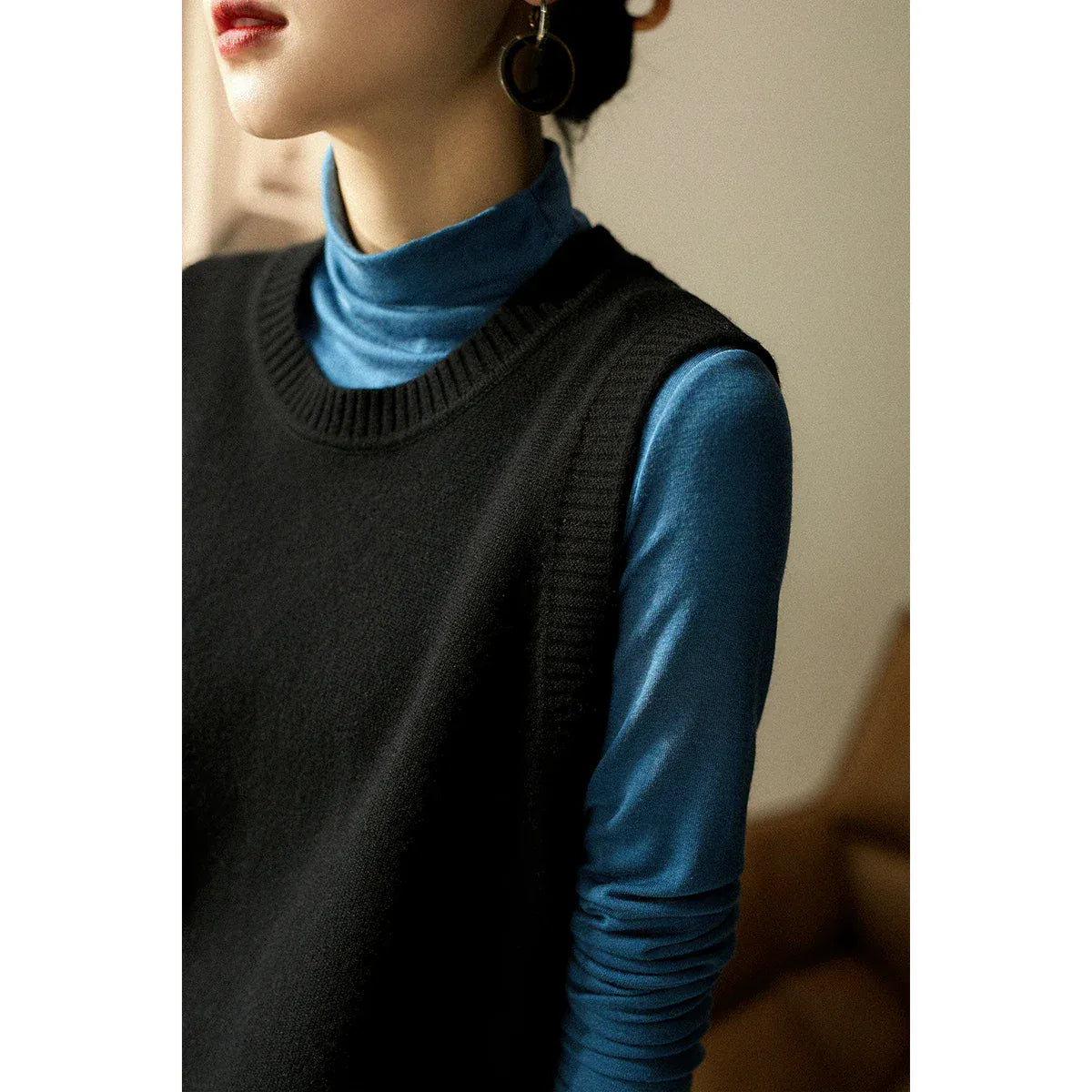 T-line Black / One Size Autumn Winter Women Vest, Knitted, Sweater Sleeveless, Jumper Loose ,O-Neck (2 weeks delivery)