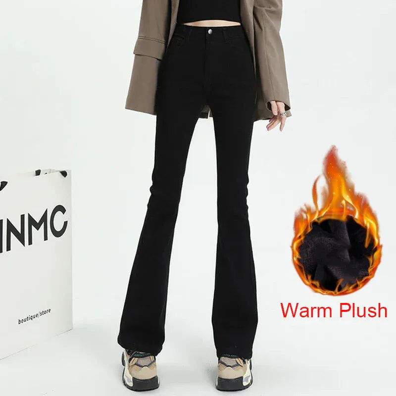 T-line Black Plush / S Woman  High Waist, Slim Fit, Bell Bottom, Jeans, Female Pants, Denim Trousers (2 weeks delivery)