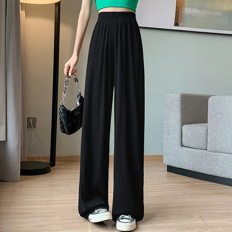 T-line Black / S(37.5-47.5kg) Spring Summer  Wide Leg Pants,  Women,  Thin Chiffon, High Waist,  Loose Straight, Trousers (2 weeks delivery)