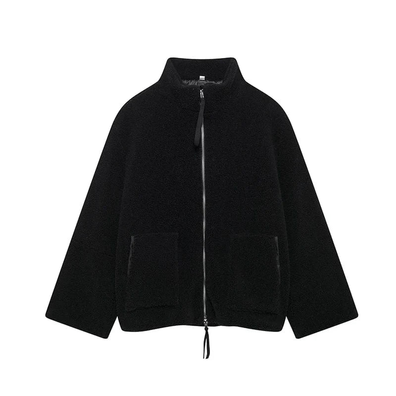 T-line Black / S 7 Color Autumn Winter  Faux  Fur  women Jacket , Loose Lamb Wool,  High Neck Woolen Coat Warm Overcoat  (2 weeks delivery)