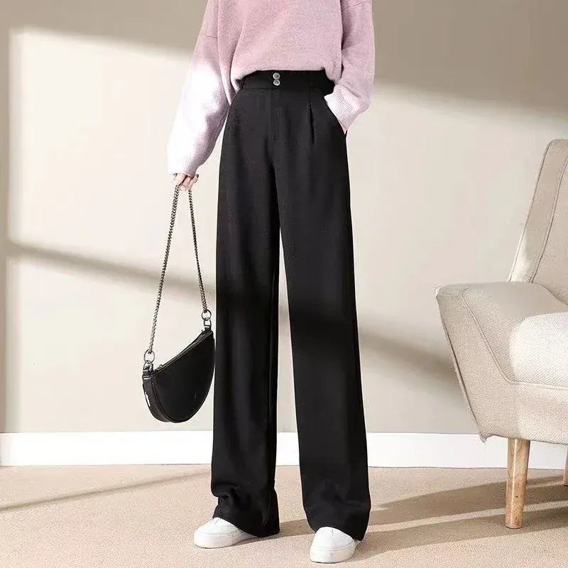 T-line Black / S Autumn / Winter Comfortable, Woolen Pants, Female , Straight Leg Trousers, Thicken High Waisted Pants (2 weeks delivery)