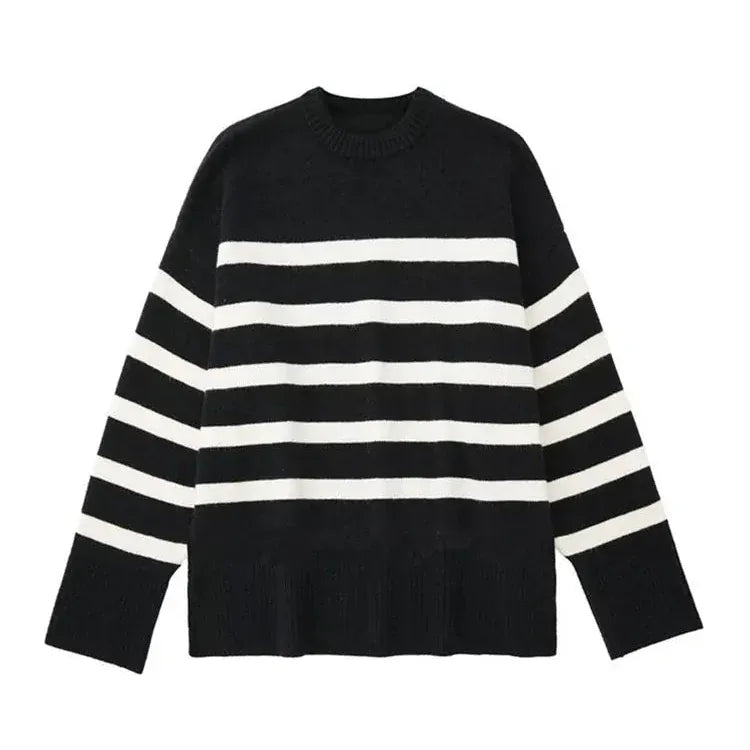 T-line Black / S Autumn / Winter Striped Knitted Loose Sweater Women Pullover Tops Long Sleeve O Neck Casual Streetwear  Sweater Female Clothing (2 weeks delivery)