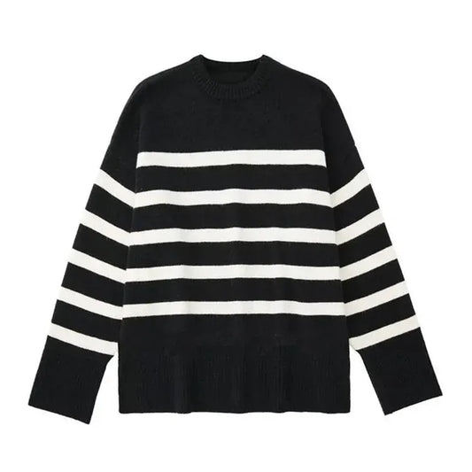 T-line Black / S Autumn / Winter Striped Knitted Loose Sweater Women Pullover Tops Long Sleeve O Neck Casual Streetwear  Sweater Female Clothing (2 weeks delivery)