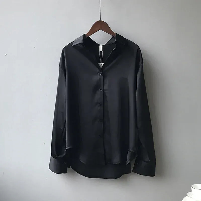 T-line Black / S Casual, Button, Silk, Tops,  Satin, Loose, Women Shirt,  Blouse (2 weeks delivery)