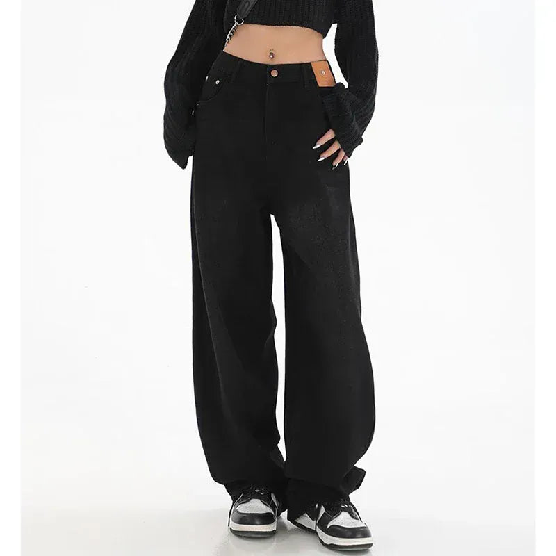 T-line Black / S Female  High Waist Jeans, Women  Straight Leg,  Baggy , Denim, Trousers, Long Pants (2 weeks delivery)