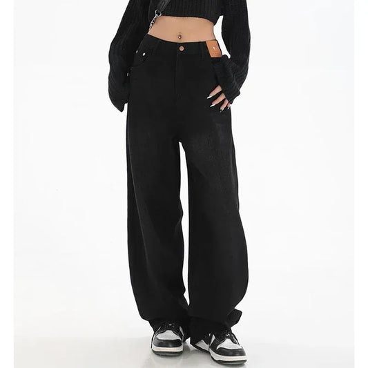 T-line Black / S Female  High Waist Jeans, Women  Straight Leg,  Baggy , Denim, Trousers, Long Pants (2 weeks delivery)