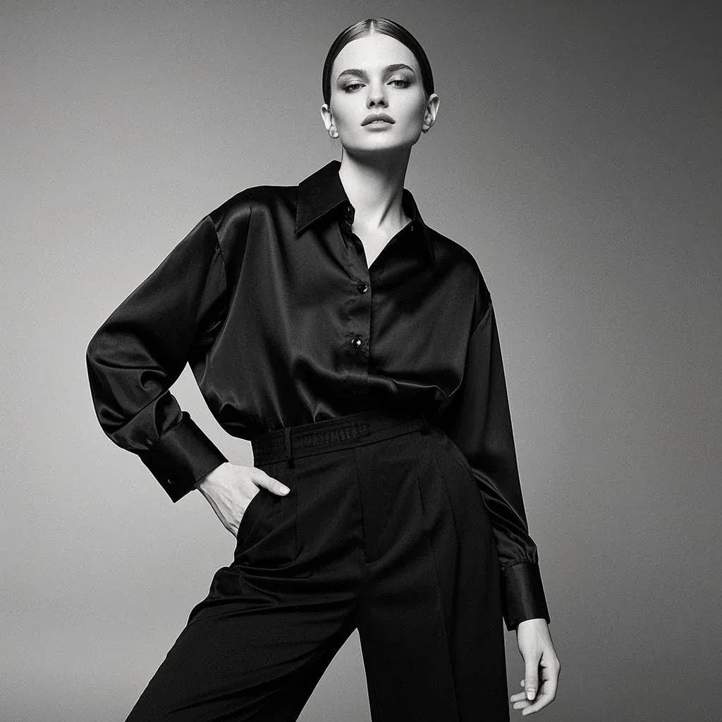 T-line Black / S Shirt, Blouses For Women, Satin, Multicolor, Basic Slim Shirt, Solid All-Match, Top ,  (2 weeks delivery)